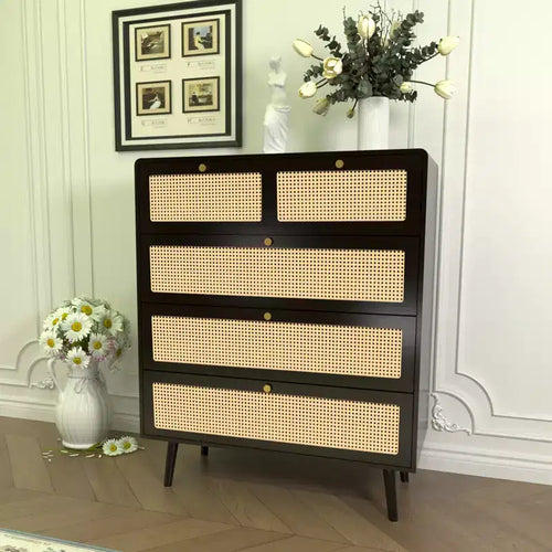 Commode 6/4 tiroirs, commode en rotin moderne avec poignées en métal, buffet de rangement, noir 4M - ModernLuxe