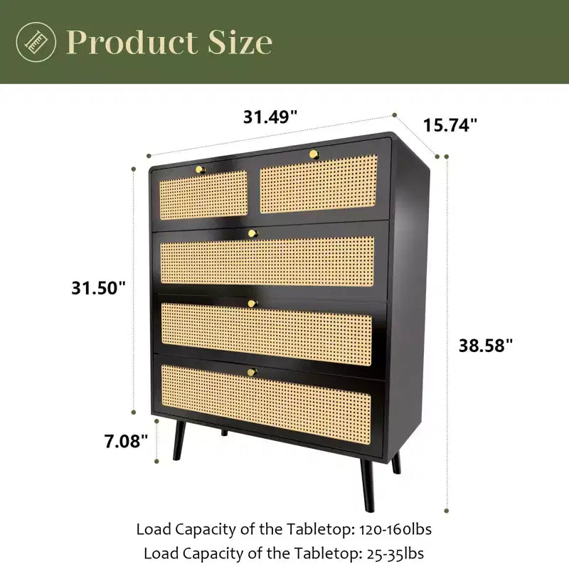 Commode 6/4 tiroirs, commode en rotin moderne avec poignées en métal, buffet de rangement, noir 4M - ModernLuxe