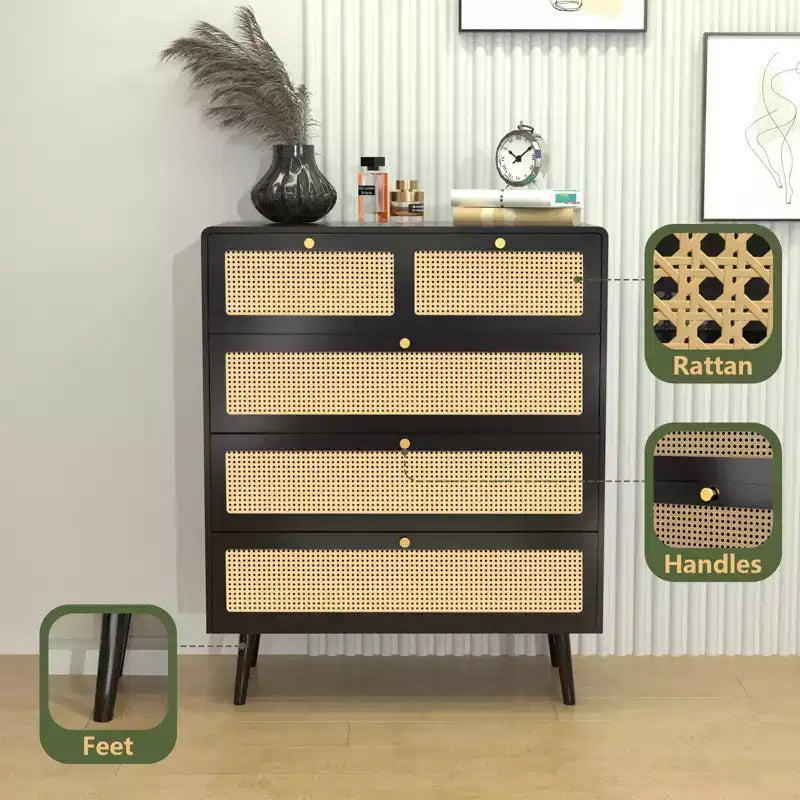 Commode 6/4 tiroirs, commode en rotin moderne avec poignées en métal, buffet de rangement, noir 4M - ModernLuxe