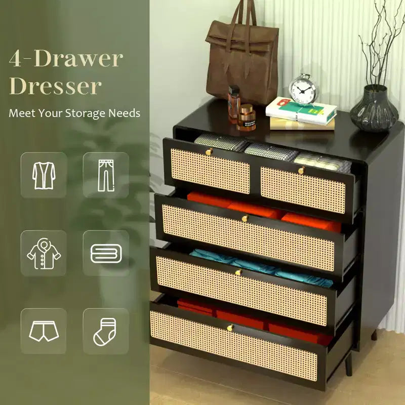 Commode 6/4 tiroirs, commode en rotin moderne avec poignées en métal, buffet de rangement, noir 4M - ModernLuxe
