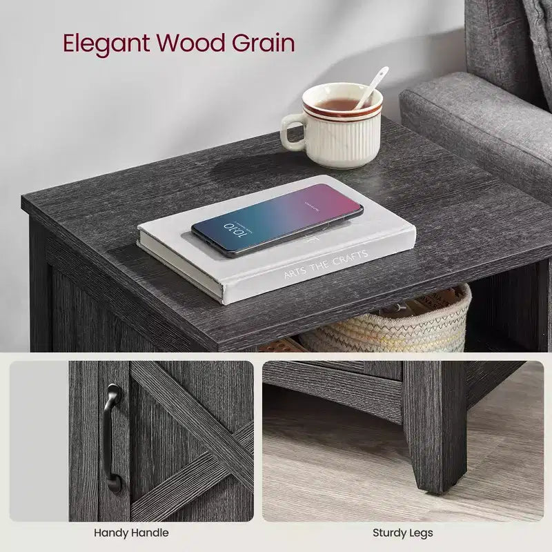 VASAGLE Table de chevet de style ferme avec porte coulissante, Table de chevet avec rangement, Table d'appoint, Table de nuit avec compartiment ouvert