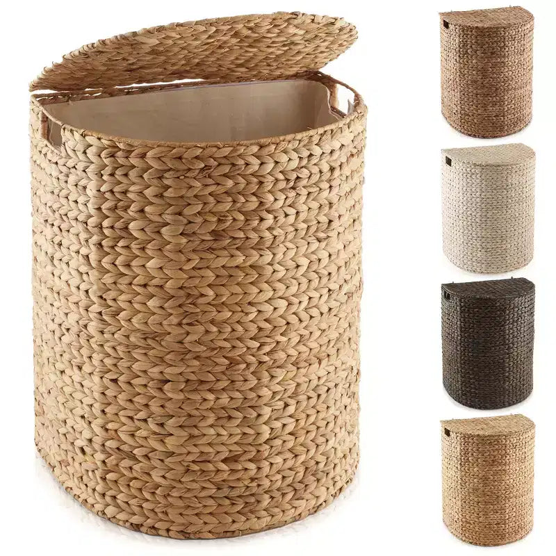 Casafield Half Moon Laundry Hamper with Lid and Removable Liner Bag, Woven Water Hyacinth Laundry Basket for Clothes, Towels
