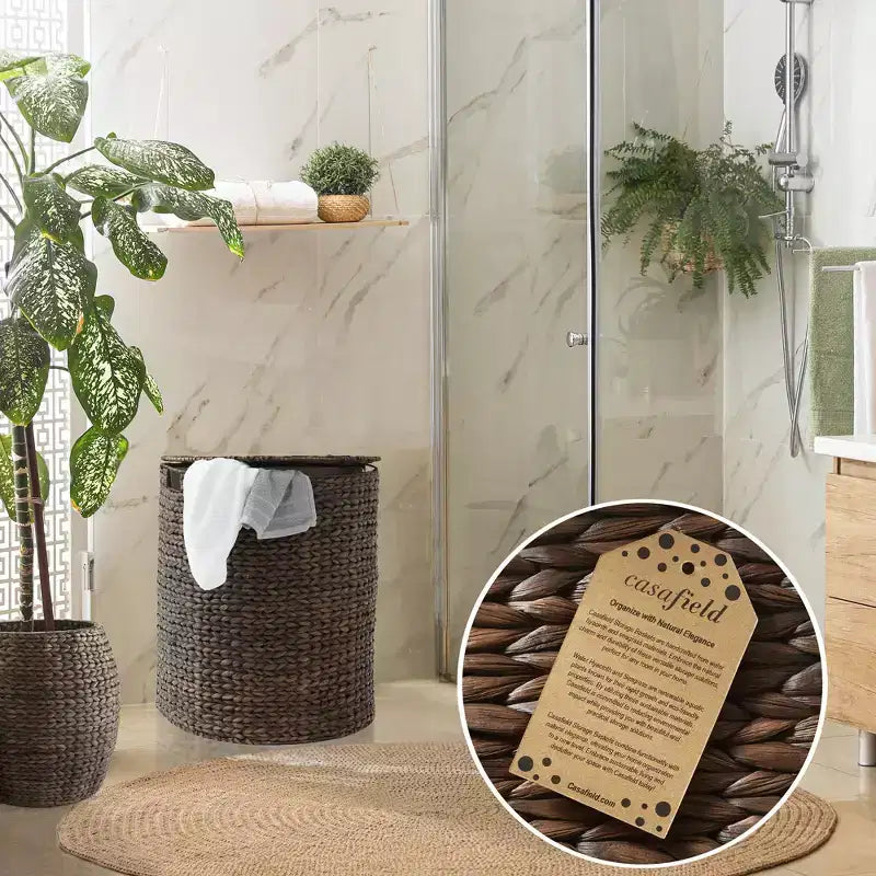Panier à linge demi-lune Casafield avec couvercle et sac de doublure amovible, panier à linge tressé en jacinthe d'eau pour vêtements, serviettes