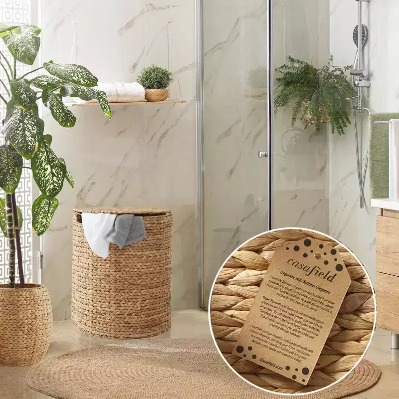 Panier à linge demi-lune Casafield avec couvercle et sac de doublure amovible, panier à linge tressé en jacinthe d'eau pour vêtements, serviettes