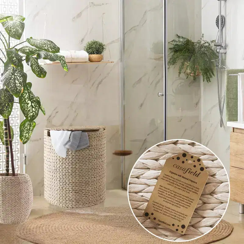 Panier à linge demi-lune Casafield avec couvercle et sac de doublure amovible, panier à linge tressé en jacinthe d'eau pour vêtements, serviettes