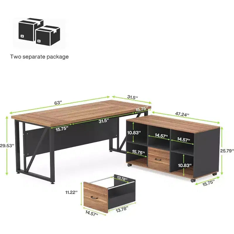 Bureau de direction Lantine 63 et classeur latéral Lantine 47, bureau d'ordinateur en forme de L Meubles de bureau avec tiroirs et étagères de rangement