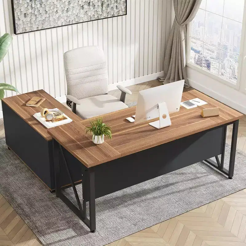 Bureau de direction Lantine 63 et classeur latéral Lantine 47, bureau d'ordinateur en forme de L Meubles de bureau avec tiroirs et étagères de rangement