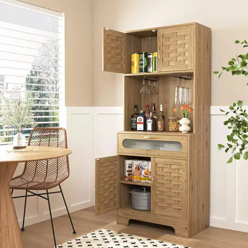 67''/71 Tall Freestanding Hutch Cupboard, Liquor Cabinet Bar, Buffet Cabinet for Kitchen and Dining Room, Natural 4A - ModernLuxe