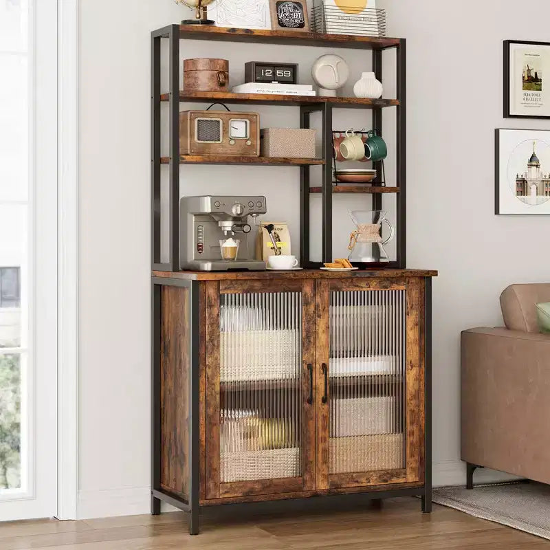 Kitchen Bakers Rack with Large Cabinet, Tall Bar Cabinet with Storage. Large Microwave Stand with Shelf, Vintage Brown
