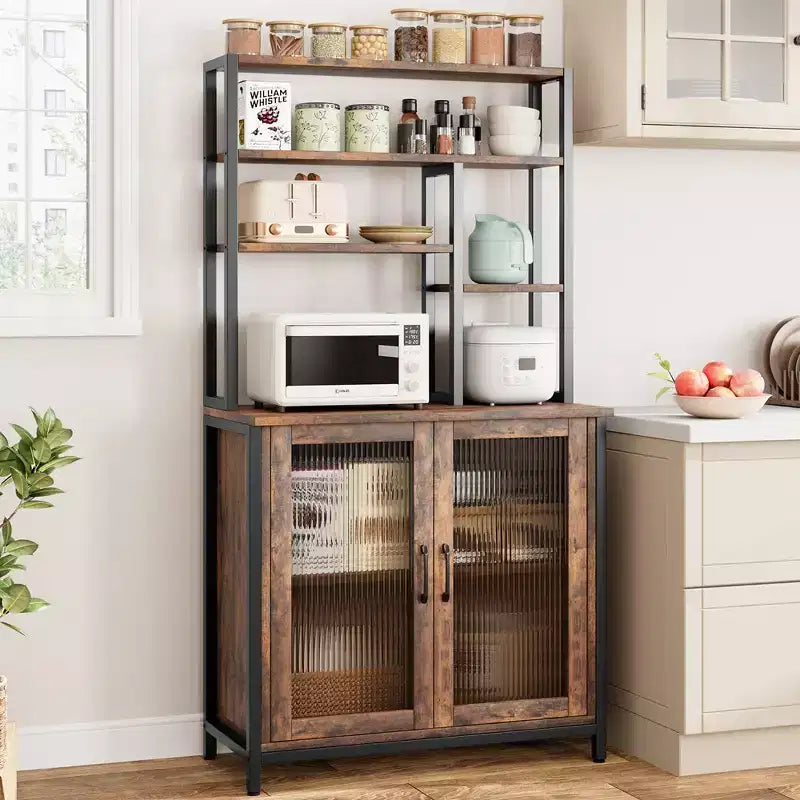 Étagère de cuisine style boulanger avec grand placard, grand meuble de bar avec rangement. Grand support pour micro-ondes avec étagère, marron vintage.