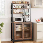 Étagère de cuisine style boulanger avec grand placard, grand meuble de bar avec rangement. Grand support pour micro-ondes avec étagère, marron vintage.