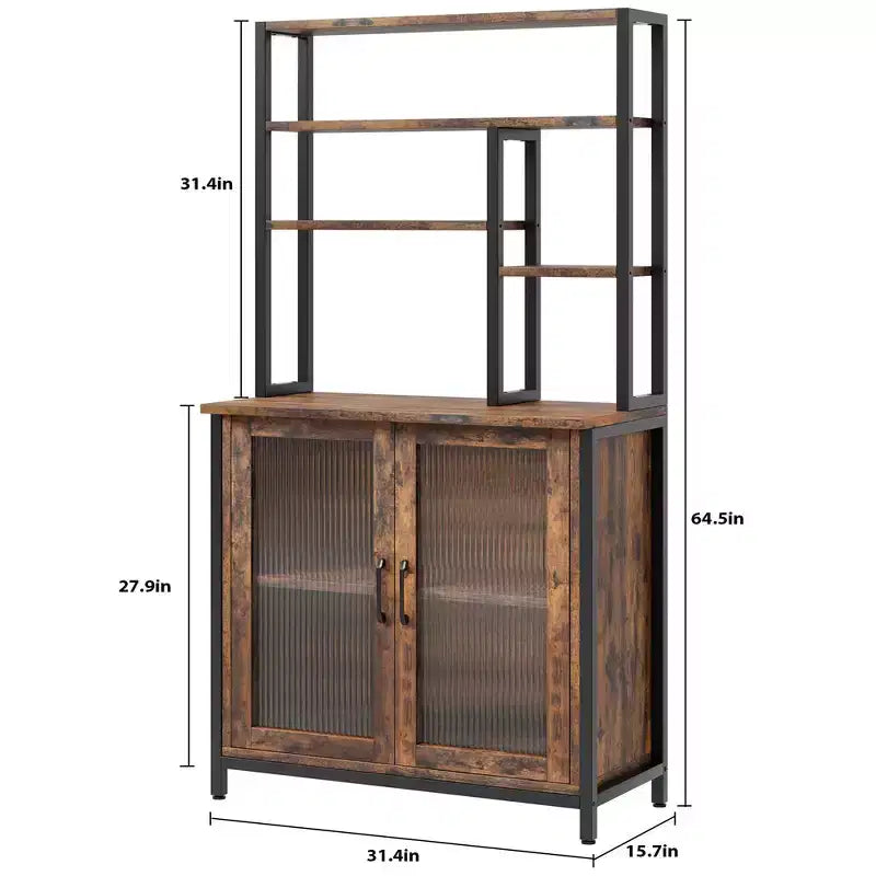 Étagère de cuisine style boulanger avec grand placard, grand meuble de bar avec rangement. Grand support pour micro-ondes avec étagère, marron vintage.