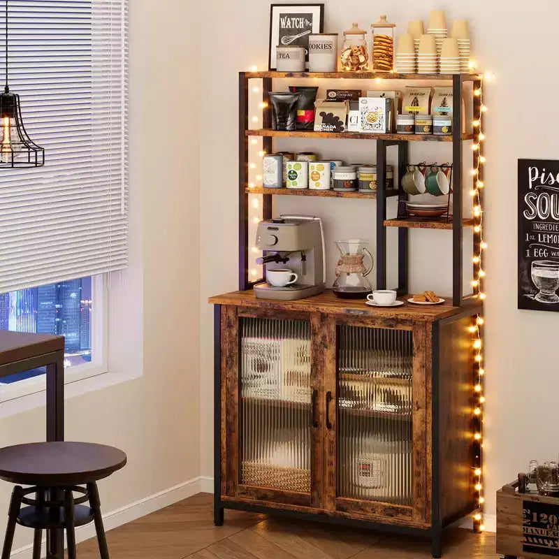 Étagère de cuisine style boulanger avec grand placard, grand meuble de bar avec rangement. Grand support pour micro-ondes avec étagère, marron vintage.