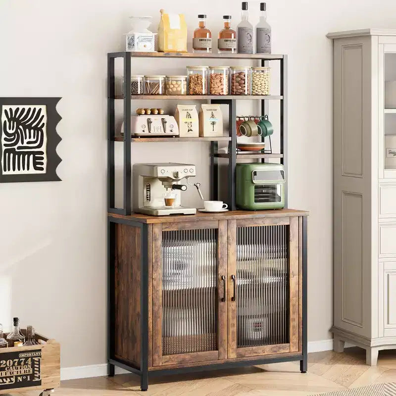 Étagère de cuisine style boulanger avec grand placard, grand meuble de bar avec rangement. Grand support pour micro-ondes avec étagère, marron vintage.