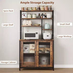 Étagère de cuisine style boulanger avec grand placard, grand meuble de bar avec rangement. Grand support pour micro-ondes avec étagère, marron vintage.
