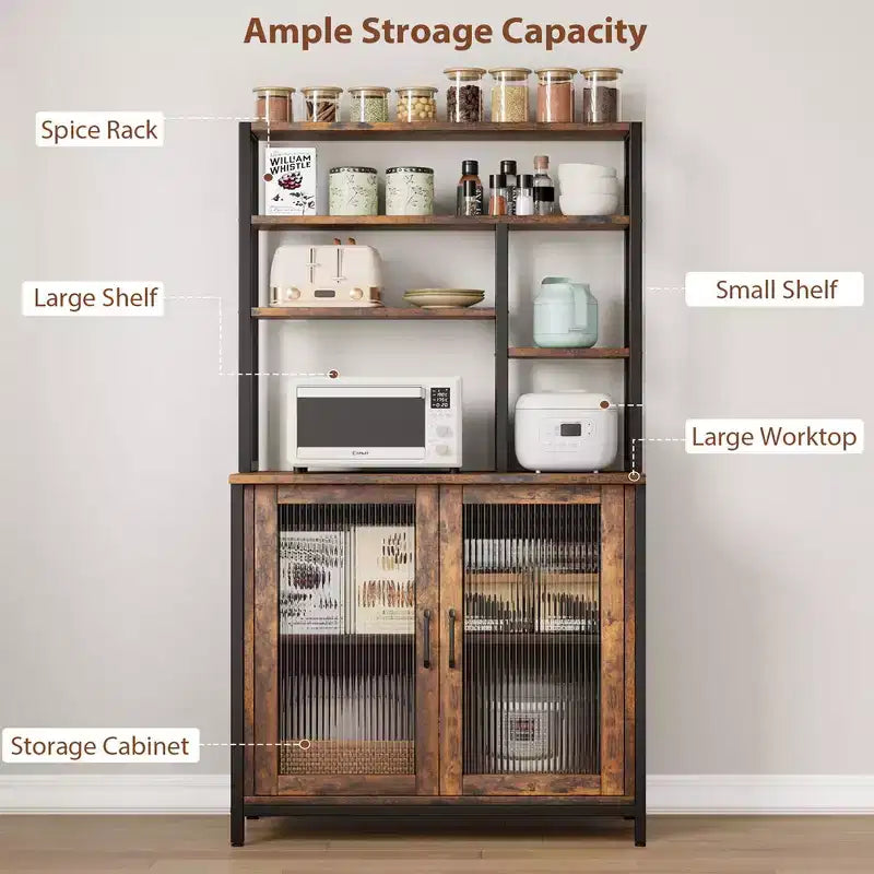 Étagère de cuisine style boulanger avec grand placard, grand meuble de bar avec rangement. Grand support pour micro-ondes avec étagère, marron vintage.