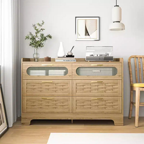 Commode à 4/6 tiroirs, commode moderne en bois avec poignées métalliques, organisateur de rangement Naturel 4A - ModernLuxe