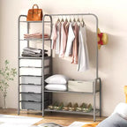 Portant à vêtements robuste Costway avec 6 tiroirs amovibles, étagères ouvertes à 3 niveaux et étagère à chaussures en métal à 2 niveaux, crochet latéral, pieds réglables