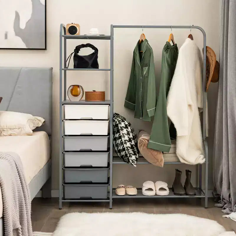 Portant à vêtements robuste Costway avec 6 tiroirs amovibles, étagères ouvertes à 3 niveaux et étagère à chaussures en métal à 2 niveaux, crochet latéral, pieds réglables