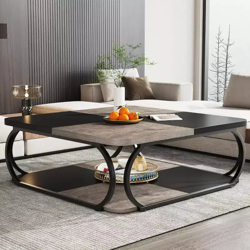 Lantine 40 Table Basse Carrée à 2 Niveaux Style Ferme avec Étagère de Rangement en Bois, Cadre Métallique Courbé Robuste pour Salon