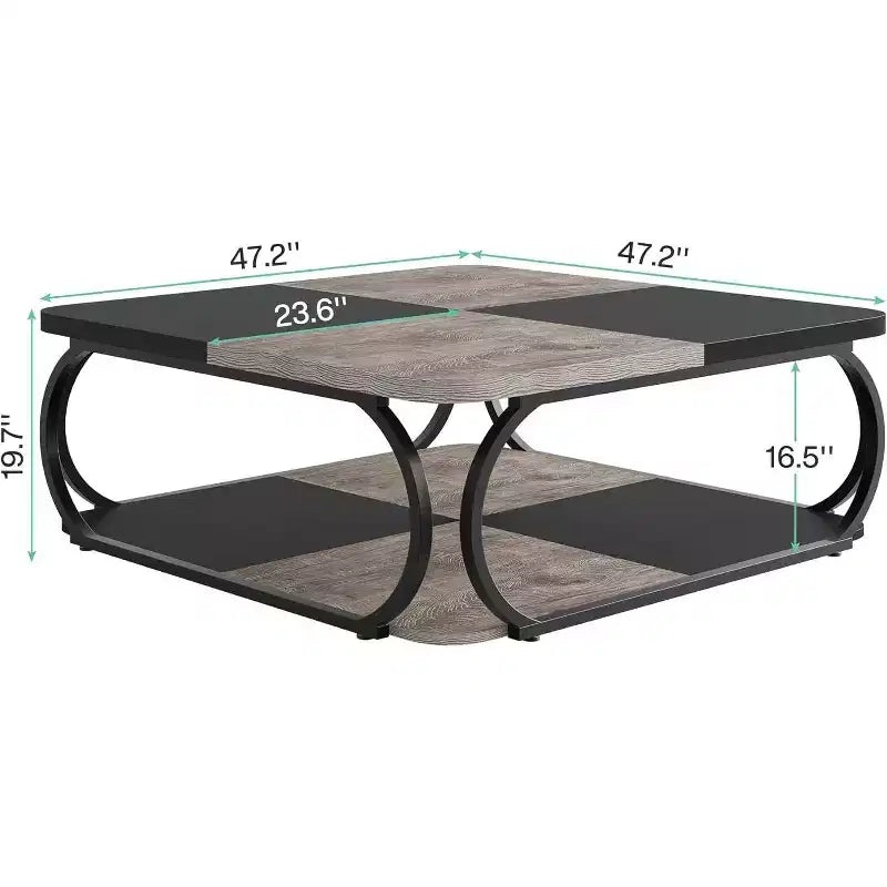 Lantine 40 Table Basse Carrée à 2 Niveaux Style Ferme avec Étagère de Rangement en Bois, Cadre Métallique Courbé Robuste pour Salon