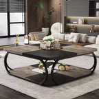 Lantine 40 Table Basse Carrée à 2 Niveaux Style Ferme avec Étagère de Rangement en Bois, Cadre Métallique Courbé Robuste pour Salon