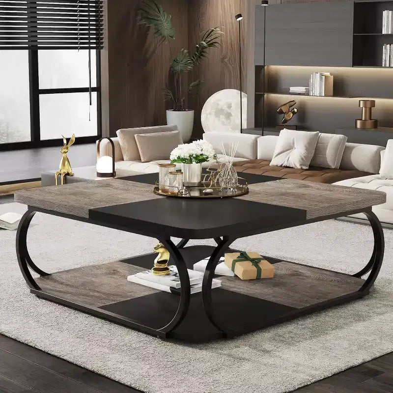 Lantine 40 Table Basse Carrée à 2 Niveaux Style Ferme avec Étagère de Rangement en Bois, Cadre Métallique Courbé Robuste pour Salon