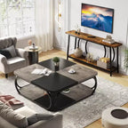 Lantine 40 Table Basse Carrée à 2 Niveaux Style Ferme avec Étagère de Rangement en Bois, Cadre Métallique Courbé Robuste pour Salon