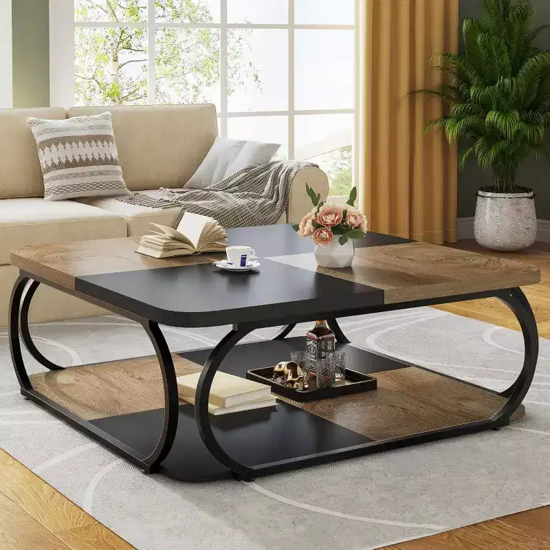Lantine 40 Table Basse Carrée à 2 Niveaux Style Ferme avec Étagère de Rangement en Bois, Cadre Métallique Courbé Robuste pour Salon