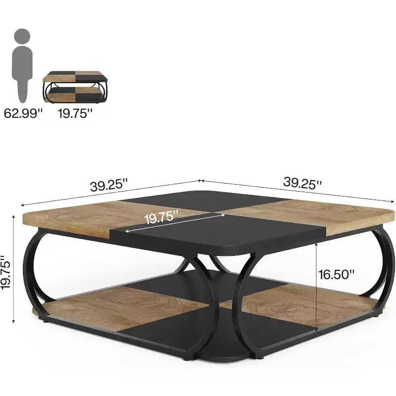 Lantine 40 Table Basse Carrée à 2 Niveaux Style Ferme avec Étagère de Rangement en Bois, Cadre Métallique Courbé Robuste pour Salon
