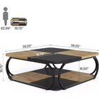 Lantine 40 Table Basse Carrée à 2 Niveaux Style Ferme avec Étagère de Rangement en Bois, Cadre Métallique Courbé Robuste pour Salon