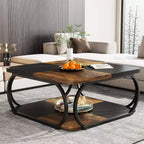 Lantine 40 Table Basse Carrée à 2 Niveaux Style Ferme avec Étagère de Rangement en Bois, Cadre Métallique Courbé Robuste pour Salon