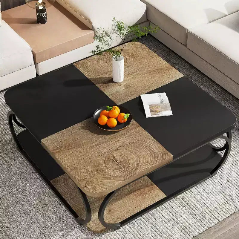 Lantine 40 Table Basse Carrée à 2 Niveaux Style Ferme avec Étagère de Rangement en Bois, Cadre Métallique Courbé Robuste pour Salon