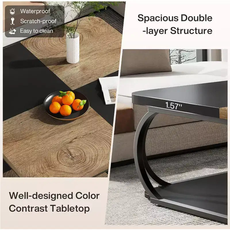 Lantine 40 Table Basse Carrée à 2 Niveaux Style Ferme avec Étagère de Rangement en Bois, Cadre Métallique Courbé Robuste pour Salon