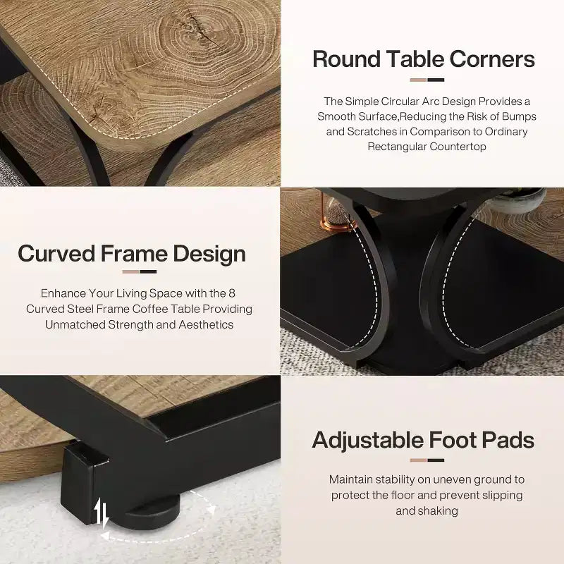 Lantine 40 Table Basse Carrée à 2 Niveaux Style Ferme avec Étagère de Rangement en Bois, Cadre Métallique Courbé Robuste pour Salon