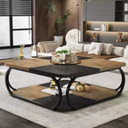 Lantine 40 Table Basse Carrée à 2 Niveaux Style Ferme avec Étagère de Rangement en Bois, Cadre Métallique Courbé Robuste pour Salon