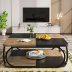 Lantine 40 Table Basse Carrée à 2 Niveaux Style Ferme avec Étagère de Rangement en Bois, Cadre Métallique Courbé Robuste pour Salon