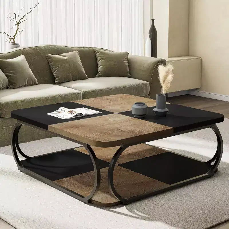 Lantine 40 Table Basse Carrée à 2 Niveaux Style Ferme avec Étagère de Rangement en Bois, Cadre Métallique Courbé Robuste pour Salon