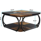 Lantine 40 Table Basse Carrée à 2 Niveaux Style Ferme avec Étagère de Rangement en Bois, Cadre Métallique Courbé Robuste pour Salon