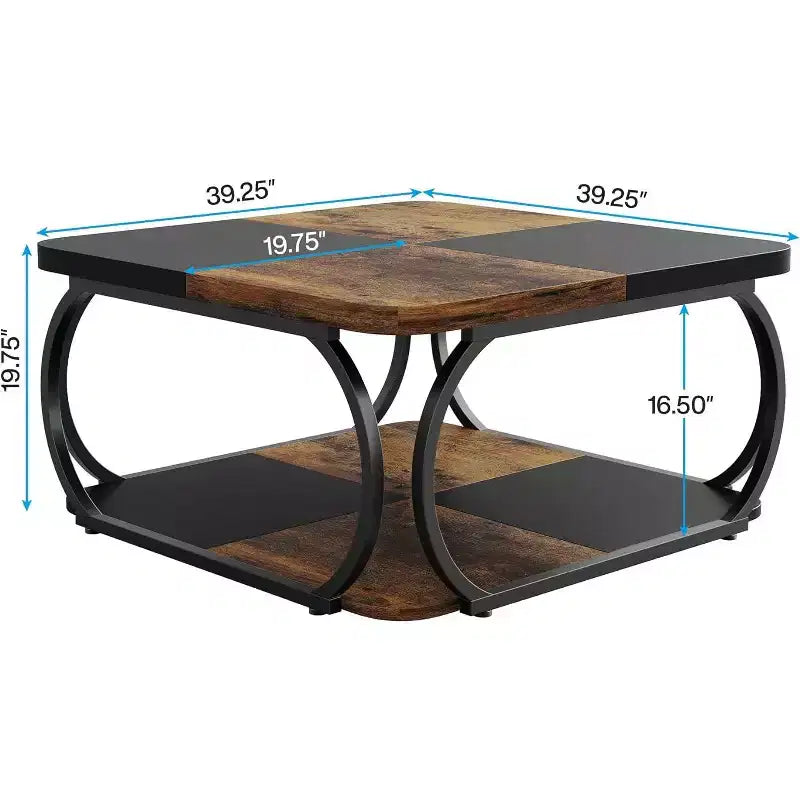 Lantine 40 Table Basse Carrée à 2 Niveaux Style Ferme avec Étagère de Rangement en Bois, Cadre Métallique Courbé Robuste pour Salon