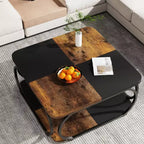 Lantine 40 Table Basse Carrée à 2 Niveaux Style Ferme avec Étagère de Rangement en Bois, Cadre Métallique Courbé Robuste pour Salon