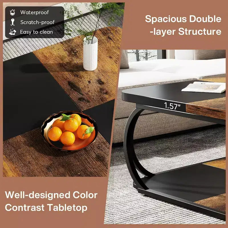 Lantine 40 Table Basse Carrée à 2 Niveaux Style Ferme avec Étagère de Rangement en Bois, Cadre Métallique Courbé Robuste pour Salon