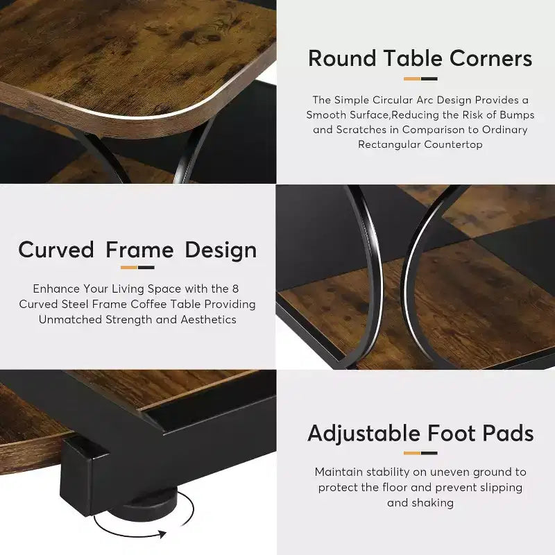 Lantine 40 Table Basse Carrée à 2 Niveaux Style Ferme avec Étagère de Rangement en Bois, Cadre Métallique Courbé Robuste pour Salon