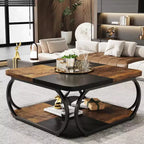 Lantine 40 Table Basse Carrée à 2 Niveaux Style Ferme avec Étagère de Rangement en Bois, Cadre Métallique Courbé Robuste pour Salon