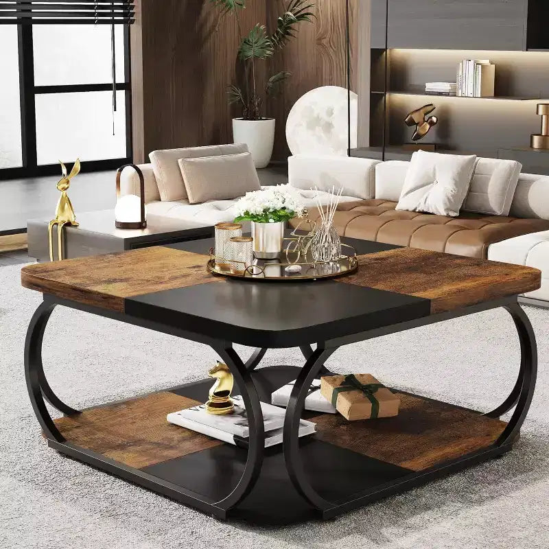 Lantine 40 Table Basse Carrée à 2 Niveaux Style Ferme avec Étagère de Rangement en Bois, Cadre Métallique Courbé Robuste pour Salon