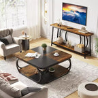 Lantine 40 Table Basse Carrée à 2 Niveaux Style Ferme avec Étagère de Rangement en Bois, Cadre Métallique Courbé Robuste pour Salon