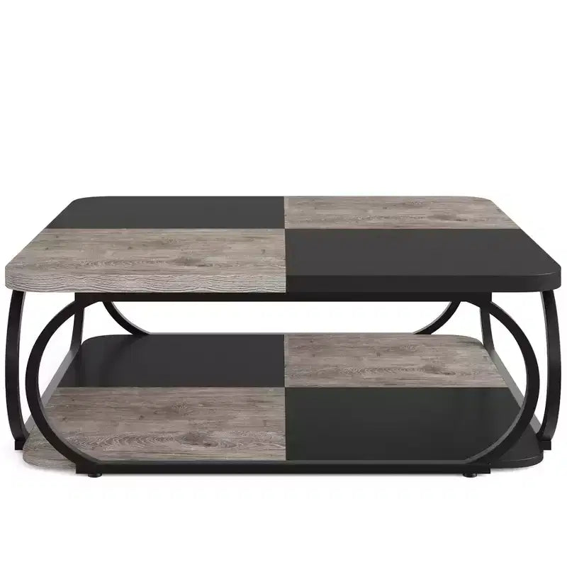 Lantine 40 Table Basse Carrée à 2 Niveaux Style Ferme avec Étagère de Rangement en Bois, Cadre Métallique Courbé Robuste pour Salon