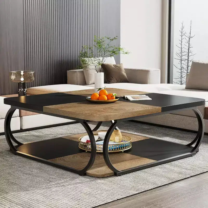 Lantine 40 Table Basse Carrée à 2 Niveaux Style Ferme avec Étagère de Rangement en Bois, Cadre Métallique Courbé Robuste pour Salon