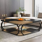 Lantine 40 Table Basse Carrée à 2 Niveaux Style Ferme avec Étagère de Rangement en Bois, Cadre Métallique Courbé Robuste pour Salon