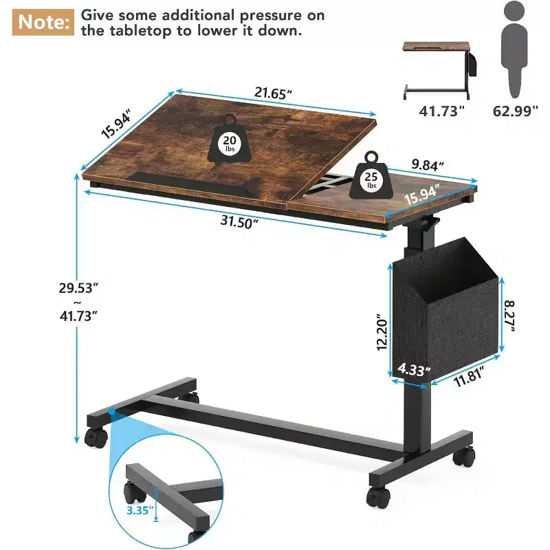 Bureau portable en C Tribesigns, bureau pour ordinateur portable mobile réglable en hauteur avec roulettes